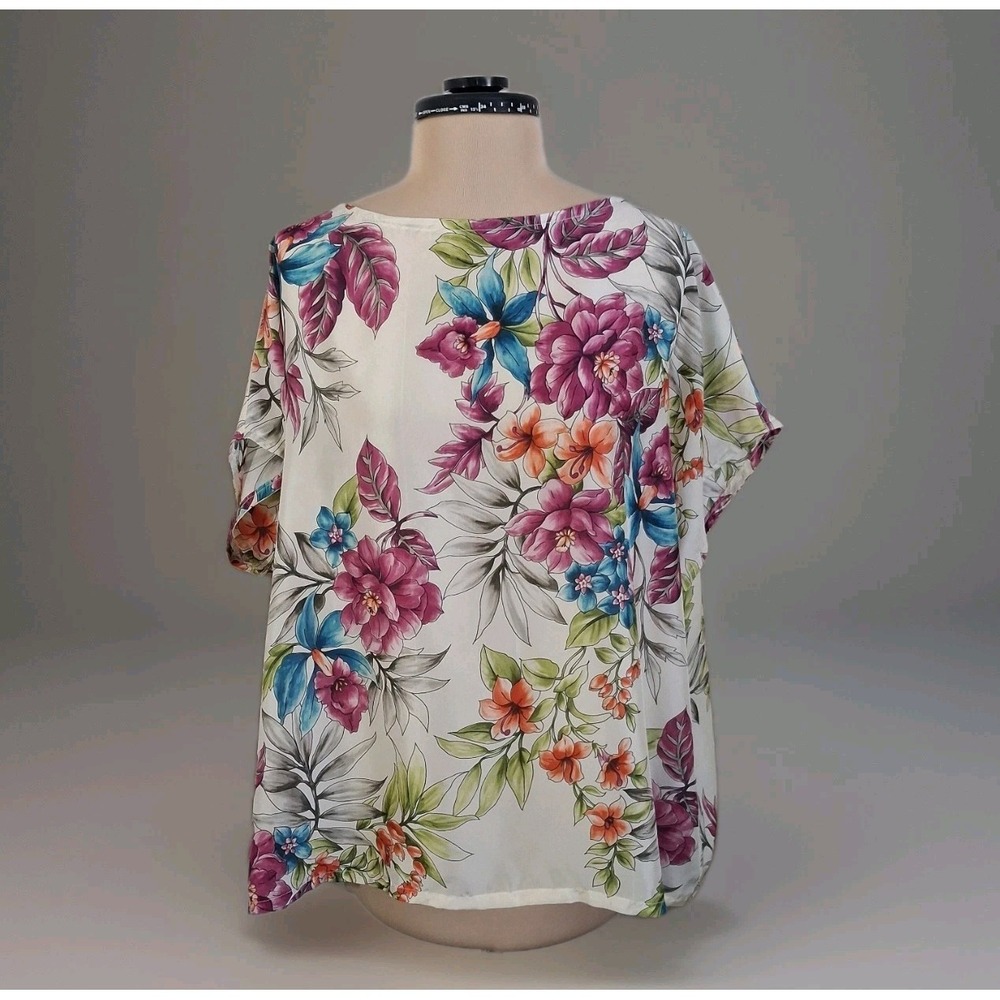 Bryn Walker Silk Floral Boat Neck Short Sleeve Blouse Womens Sz L Feminine Girly